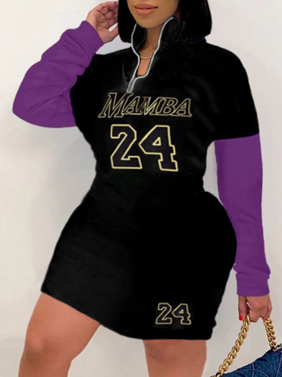 

Lovely Sportswear Letter Print Color-lump Patchwork Purple Knee Length Plus Size Dress