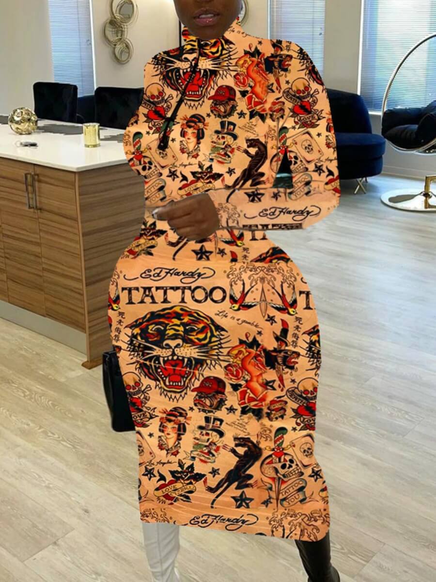 

Lovely Casual Letter Print Patchwork Brown Mid Calf Plus Size Dress