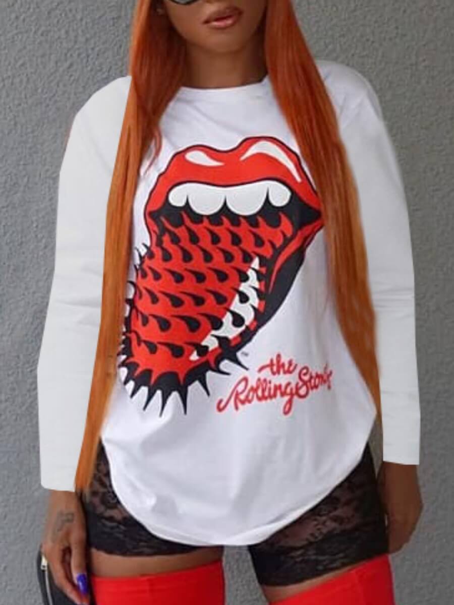 

LW COTTON Casual Lip Letter Print Patchwork White T-shirt