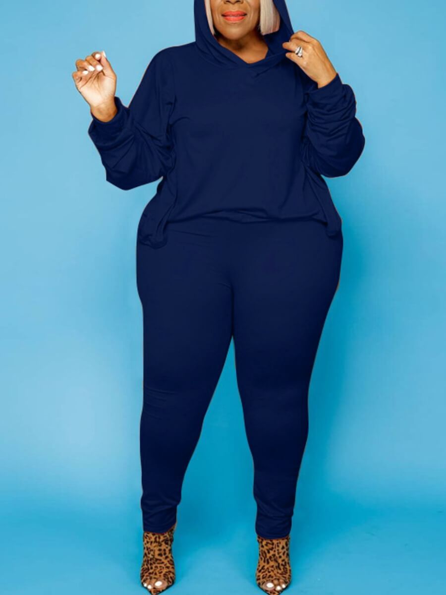 

Lovely Casual Hooded Collar Dropped Shoulder Dark Blue Plus Size Two-piece Pants Set