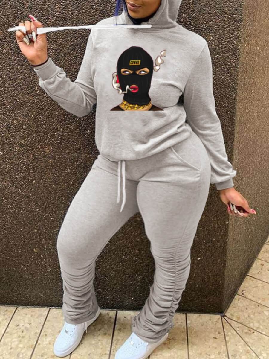 

Lovely Plus Size Casual Hooded Collar Masked Face Print Grey Two-piece Pants Set