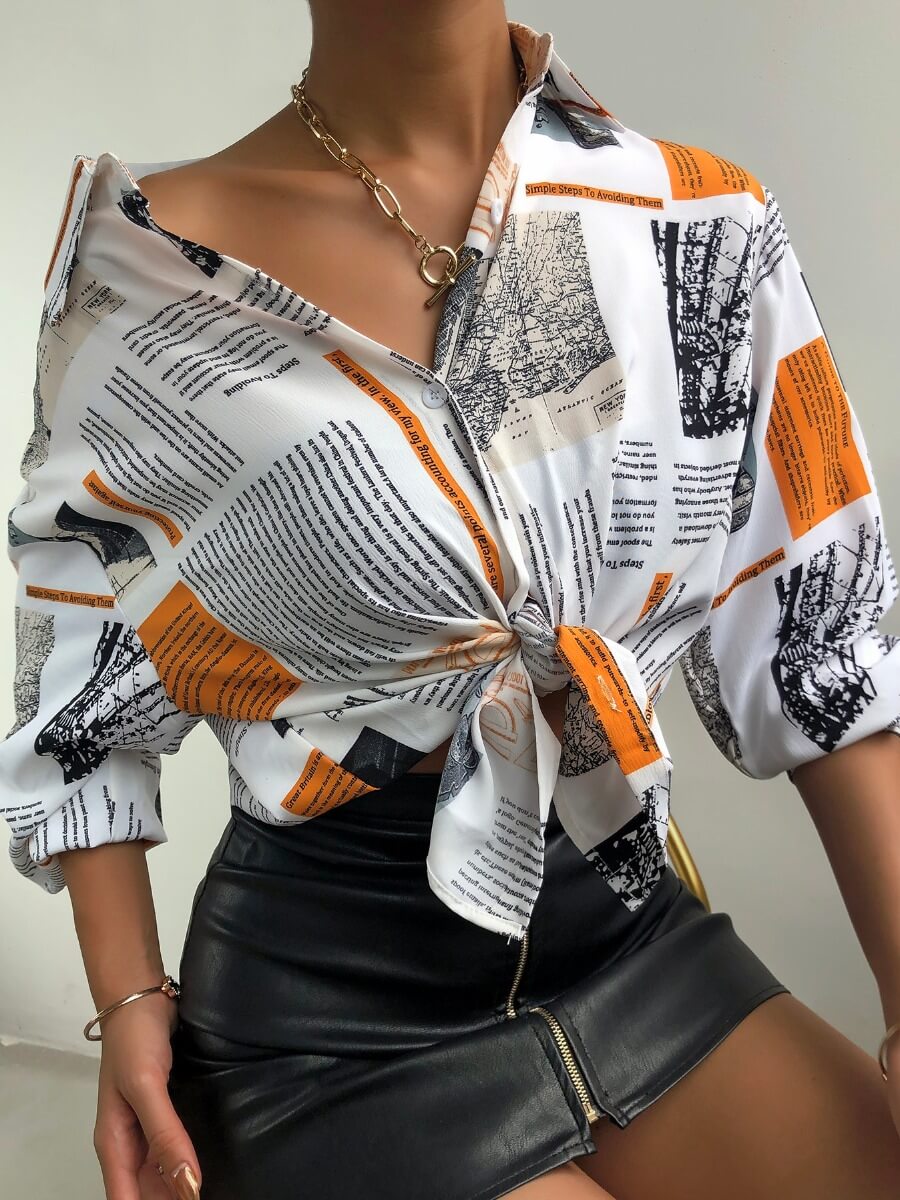 

Lovely Trendy Letter Print Patchwork White Blouse