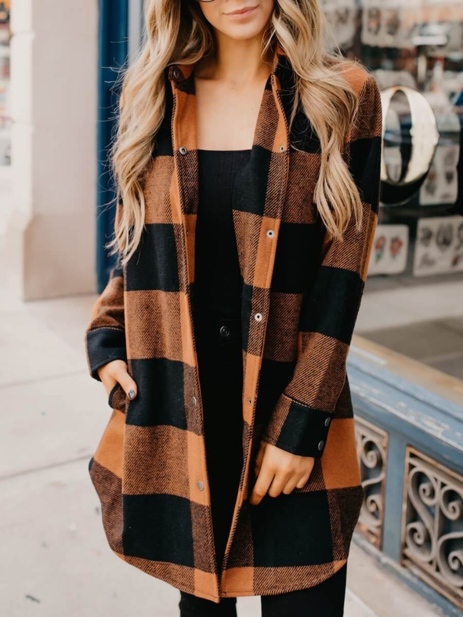 

Lovely Casual Plaid Print Patchwork Brown Coat, Orange