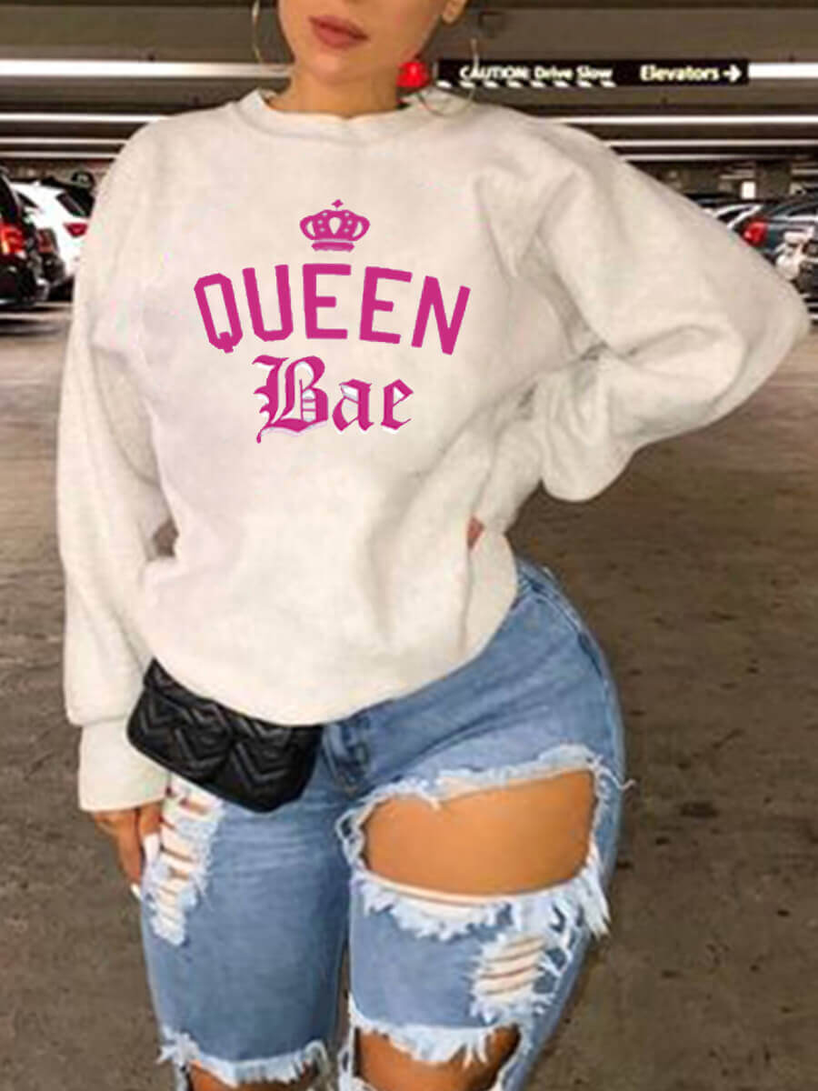 

Lovely Street Letter Print Patchwork Loose White Plus Size Hoodie