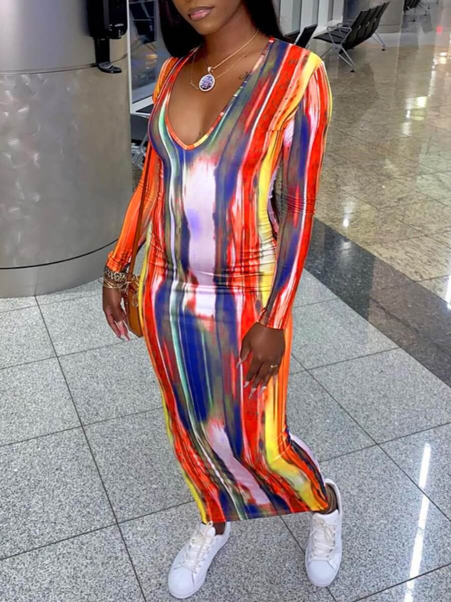 

Lovely Casual V Neck Tie-dye Orange Ankle Length Dress(No-positioning Printing