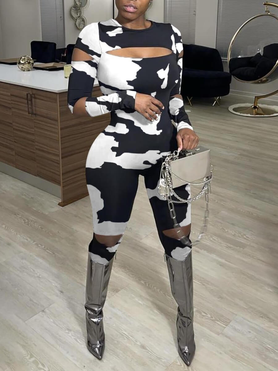 

Lovely Street Hollow-out Print Patchwork Black One-piece Jumpsuit(No-positioning Printing