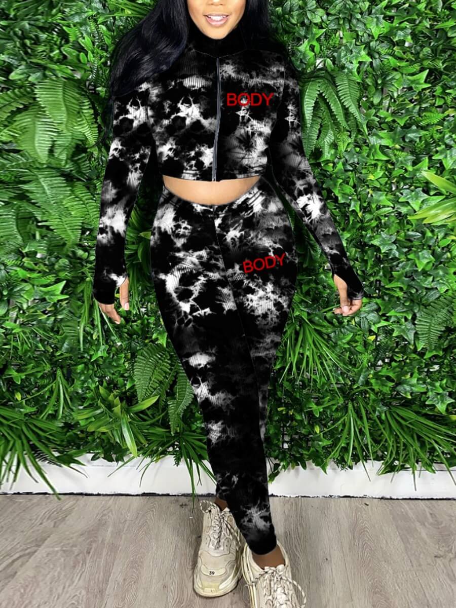 

Lovely Street Letter Print Tie Dye Black Two Piece Pants Set