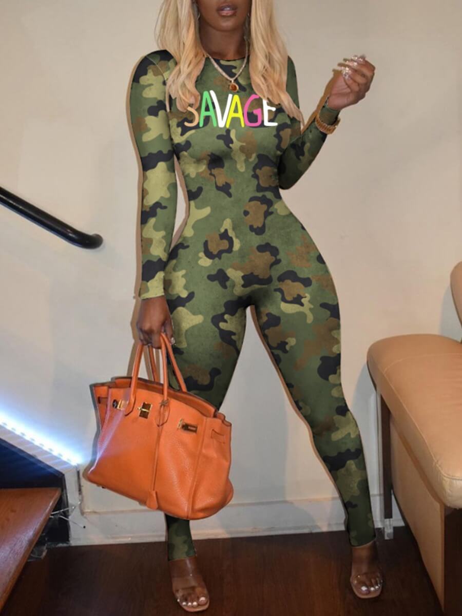 

Lovely Street O Neck Letter Camo Print One-piece Jumpsuit, Army green camouflag