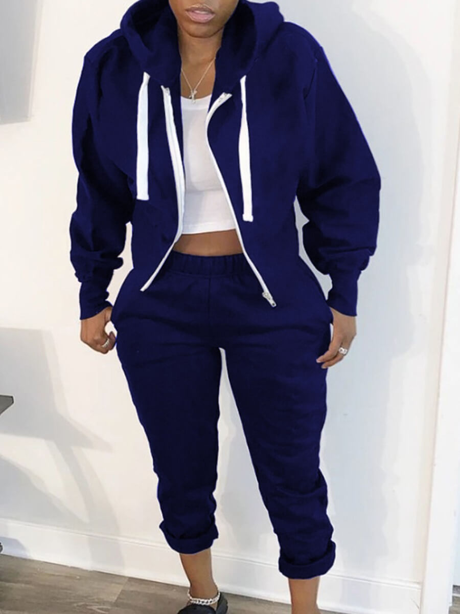

Lovely Casual Hooded Collar Zippper Design Deep Blue Two Piece Pants Set