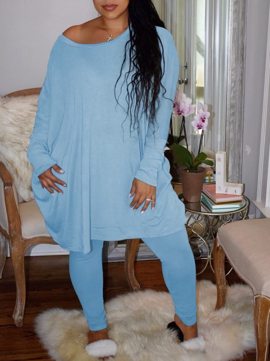

Lovely Casual One Shoulder Batwing Sleeve Baby Blue Two Piece Pants Set