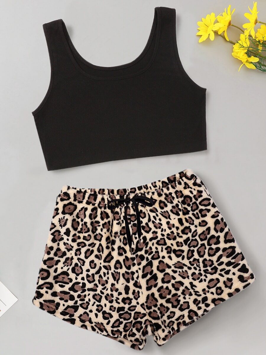 

Lovely Casual Leopard Print Drawstring Black Sleepwear