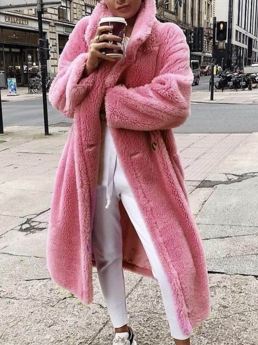 

Lovely Casual Turndown Collar Long Sleeve Button Design Pink Coat