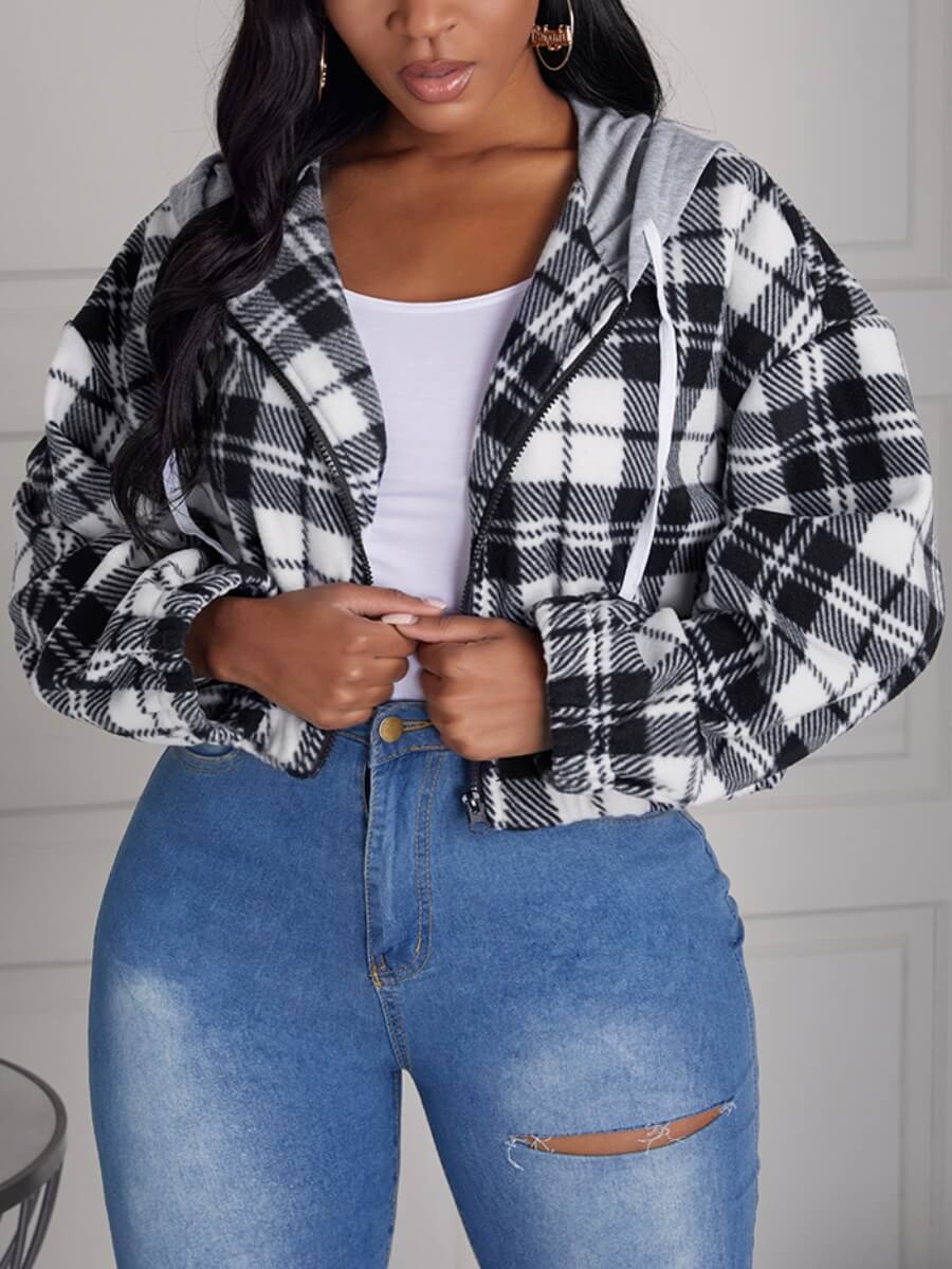 

Lovely Casual Hooded Collar Plaid Print Coat, Black & white tartan