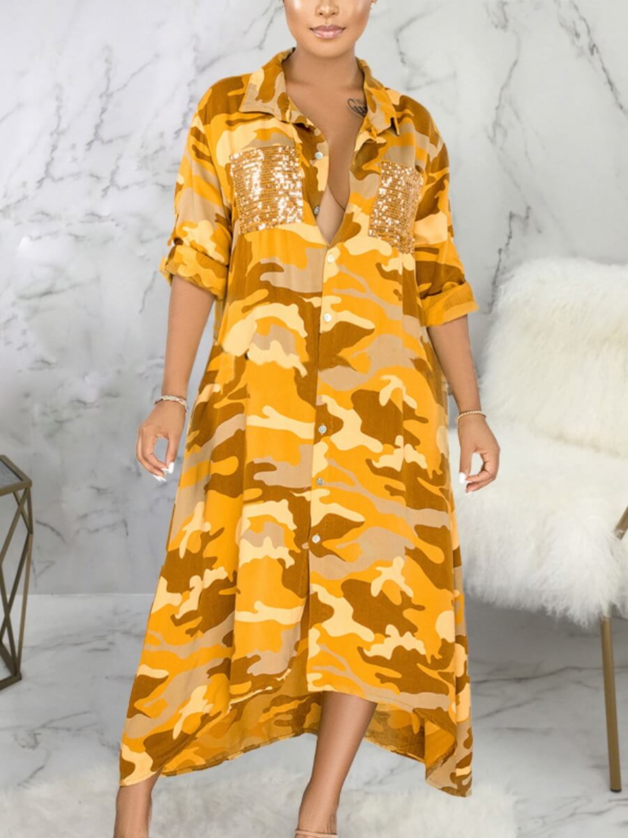 

Lovely Casual Camo Print Asymmetrical Yellow Trench Coat, Yellow camouflage