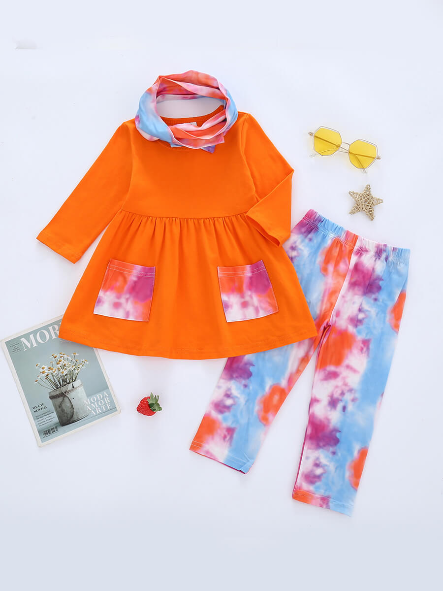 

Lovely Casual Tie-dye Fold Design Orange Girl Two Piece Pants Set