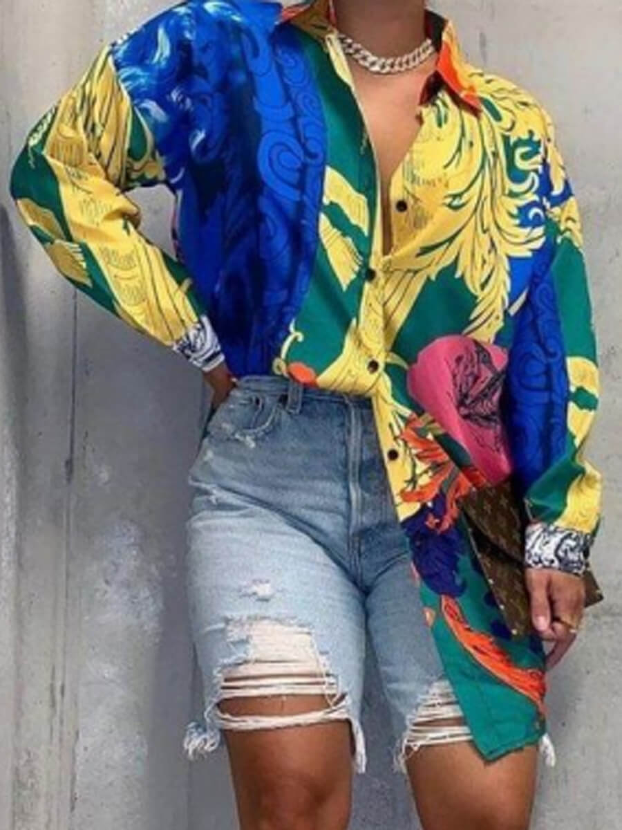 

Lovely Vintage Turndown Collar Print Multicolor Blouse, Multi