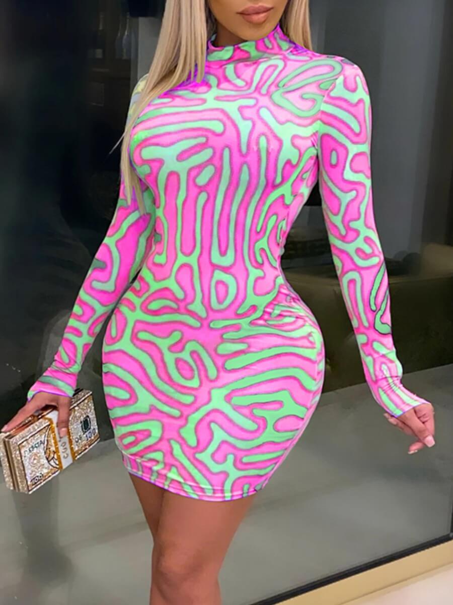 

Lovely Stylish Half A Turtleneck Print Rose Red Mini Dress