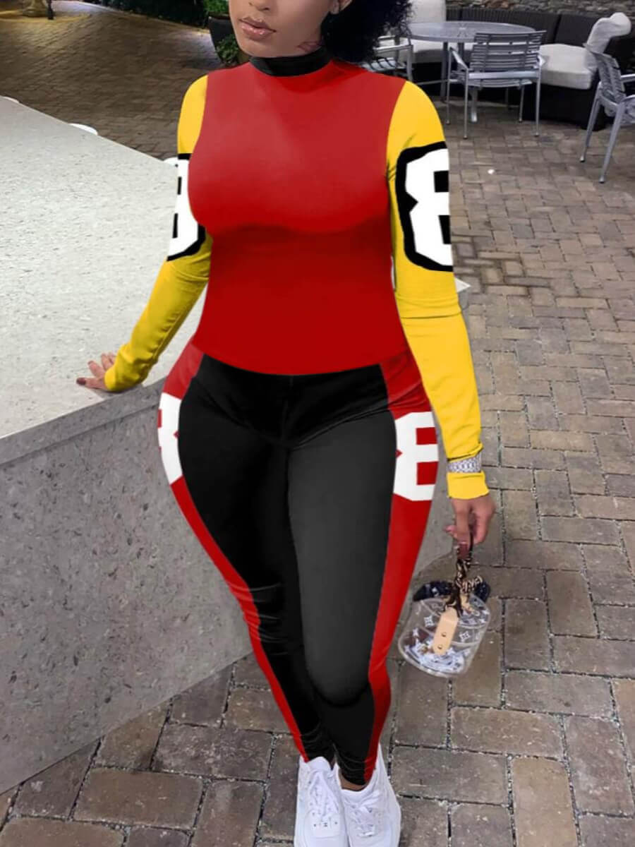 

Lovely Sportswear O Neck Print Patchwork Red Plus Size Two-piece Pants Set