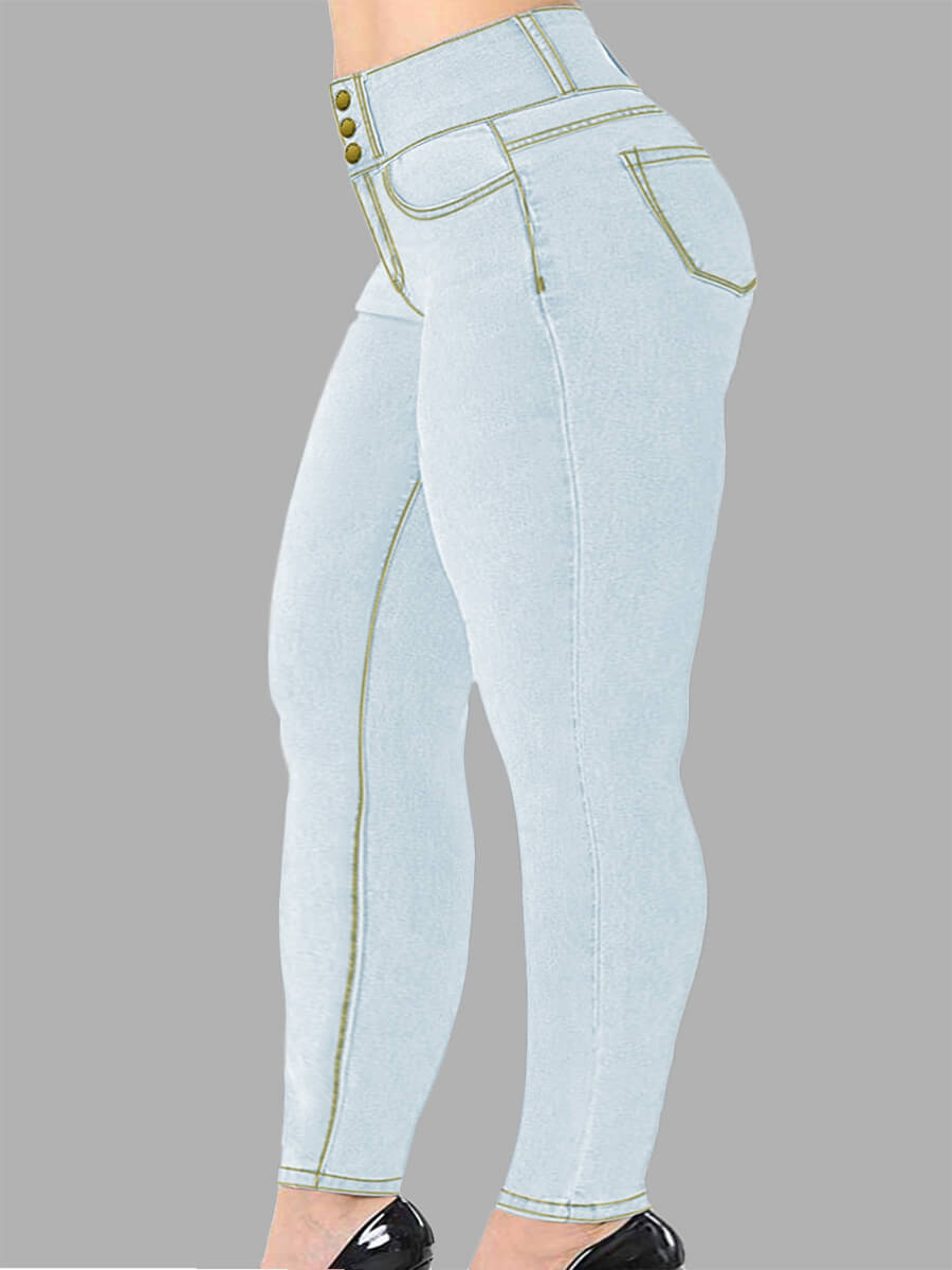 

Lovely Casual Mid Waist Button Design Baby Blue Plus Size Jeans