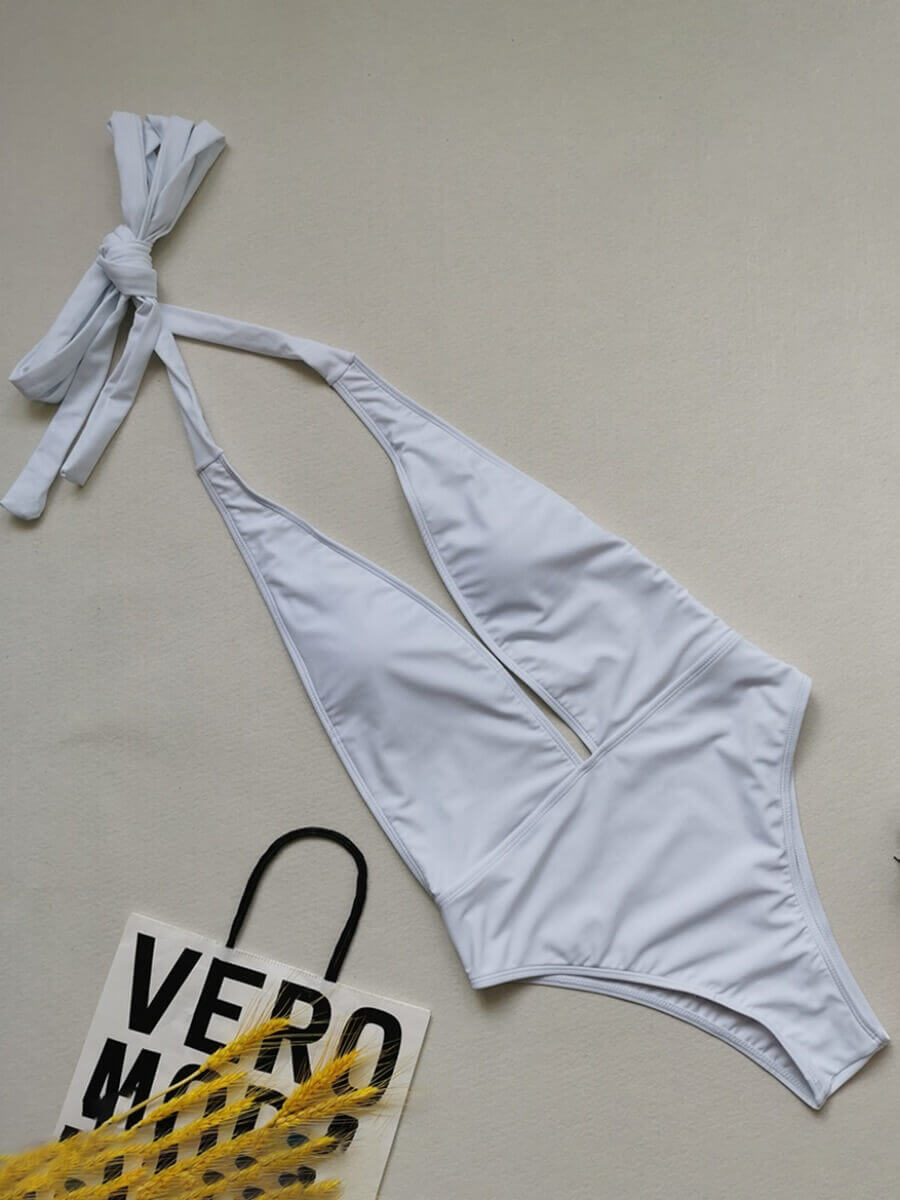 

Lovely Casual Deep V Neck Bandage Design White Plus Size One-piece Swimsuit