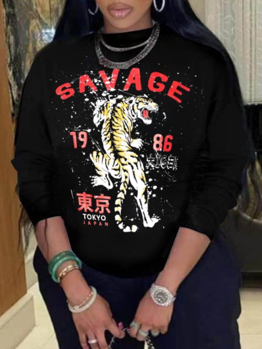 

Lovely Casual Tiger Letter Print Black Plus Size Hoodie