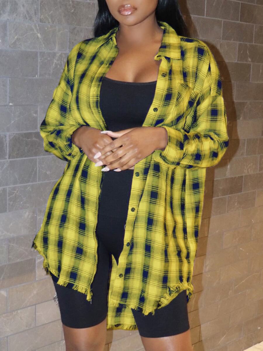 

Lovely Casual Turndown Collar Plaid Print Yellow Blouse