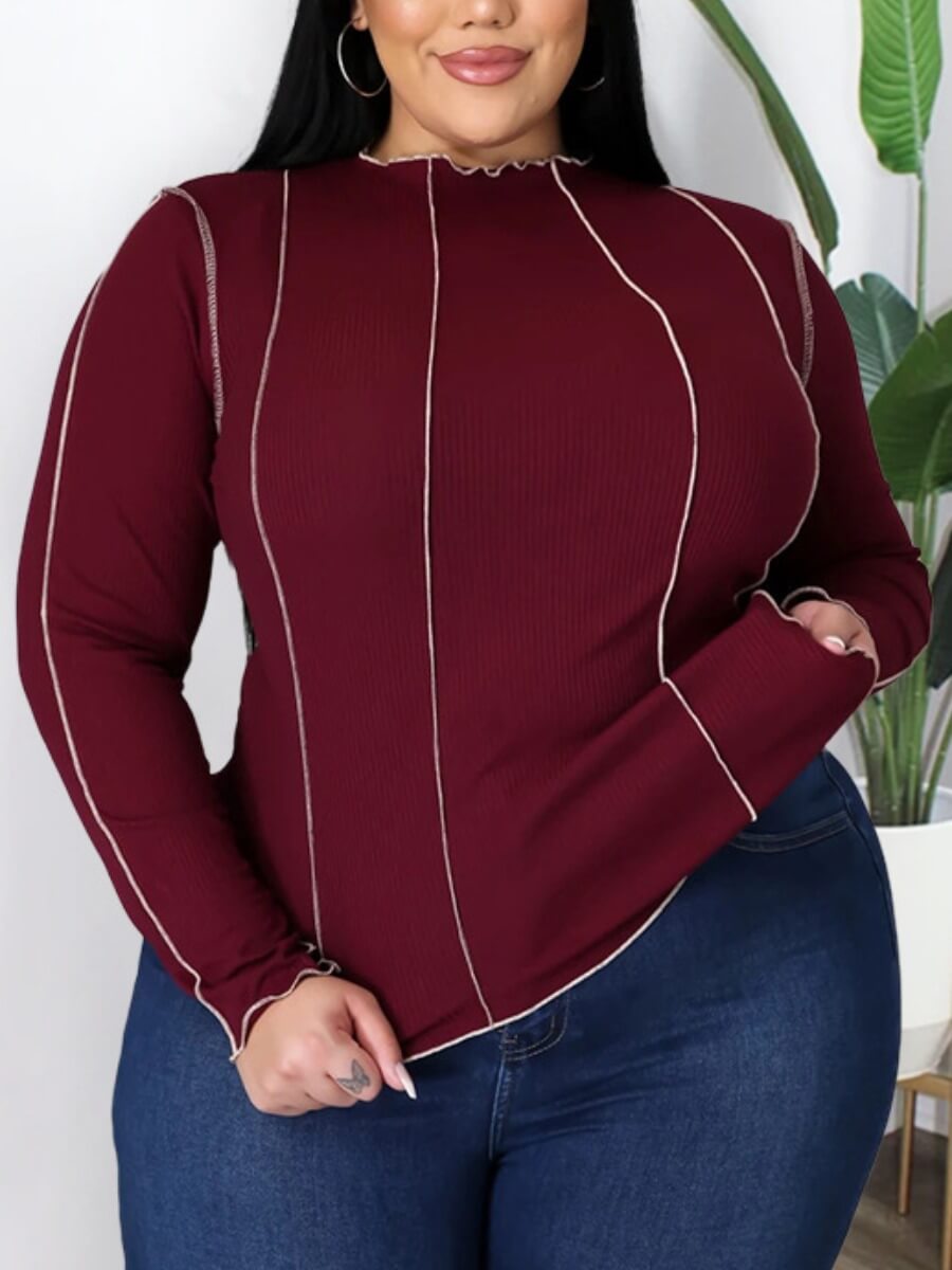 

Lovely Casual Half A Turtleneck Patchwork Wine Red Plus Size T-shirt