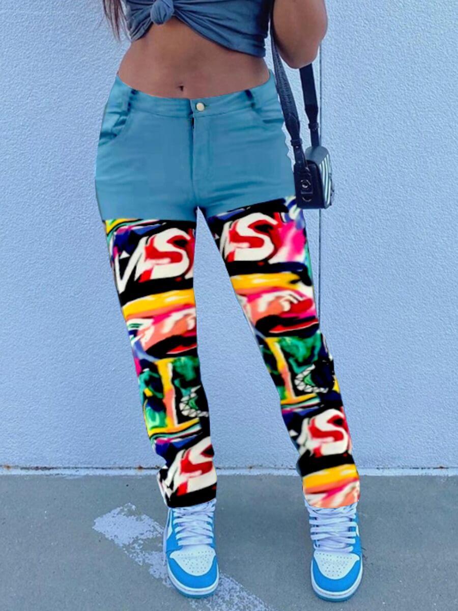 

Lovely Casual Mid Waist Print Stitching Baby Blue Jeans