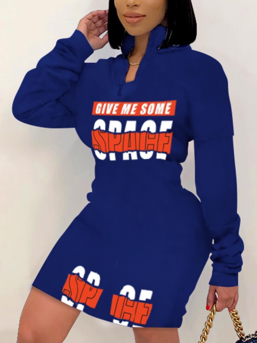 

Lovely Sportswear Letter Print Patchwork Blue Knee Length Dress