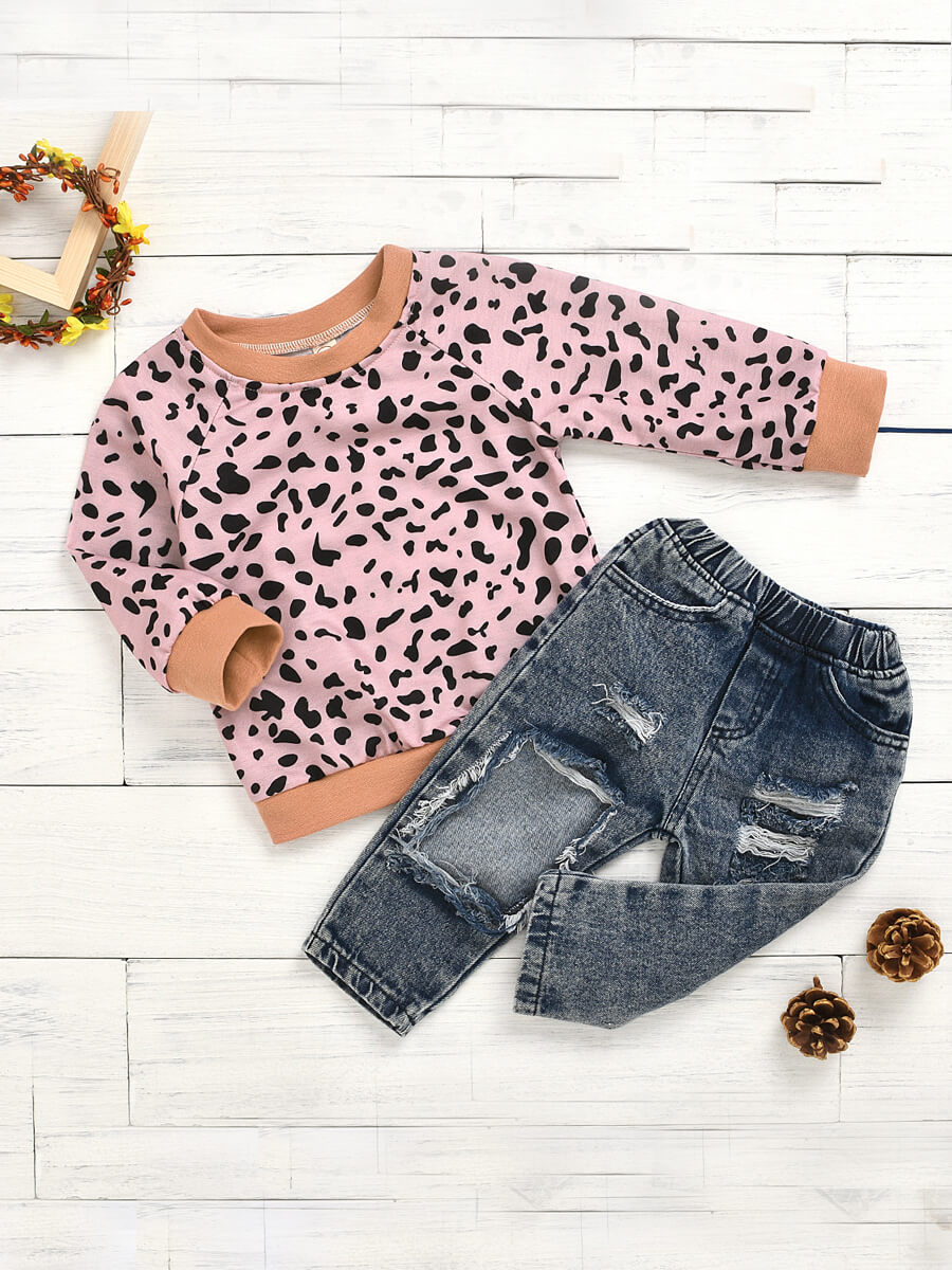 

Lovely Casual Leopard Print Ripped Dusty Pink Girl Two Piece Pants Set