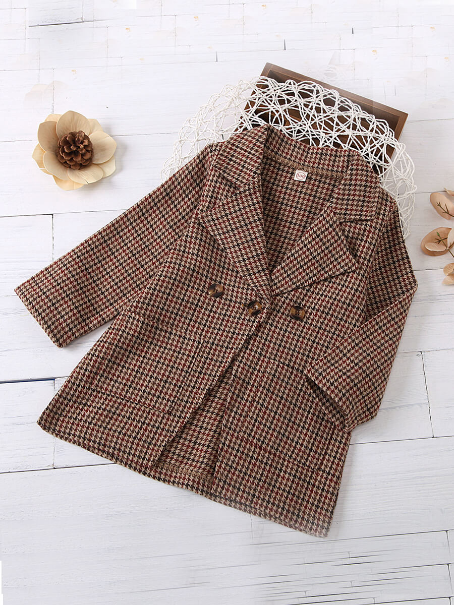 

Lovely Casual Turndown Collar Plaid Print Hound Stooth Girl Coat