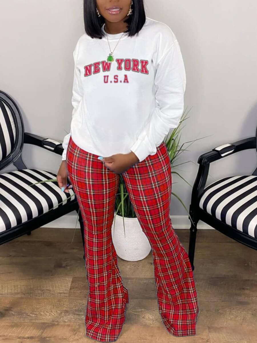 

Lovely Street Flared Plaid Letter Print Red Plus Size Two-piece Pants Set (No-positioning Printing