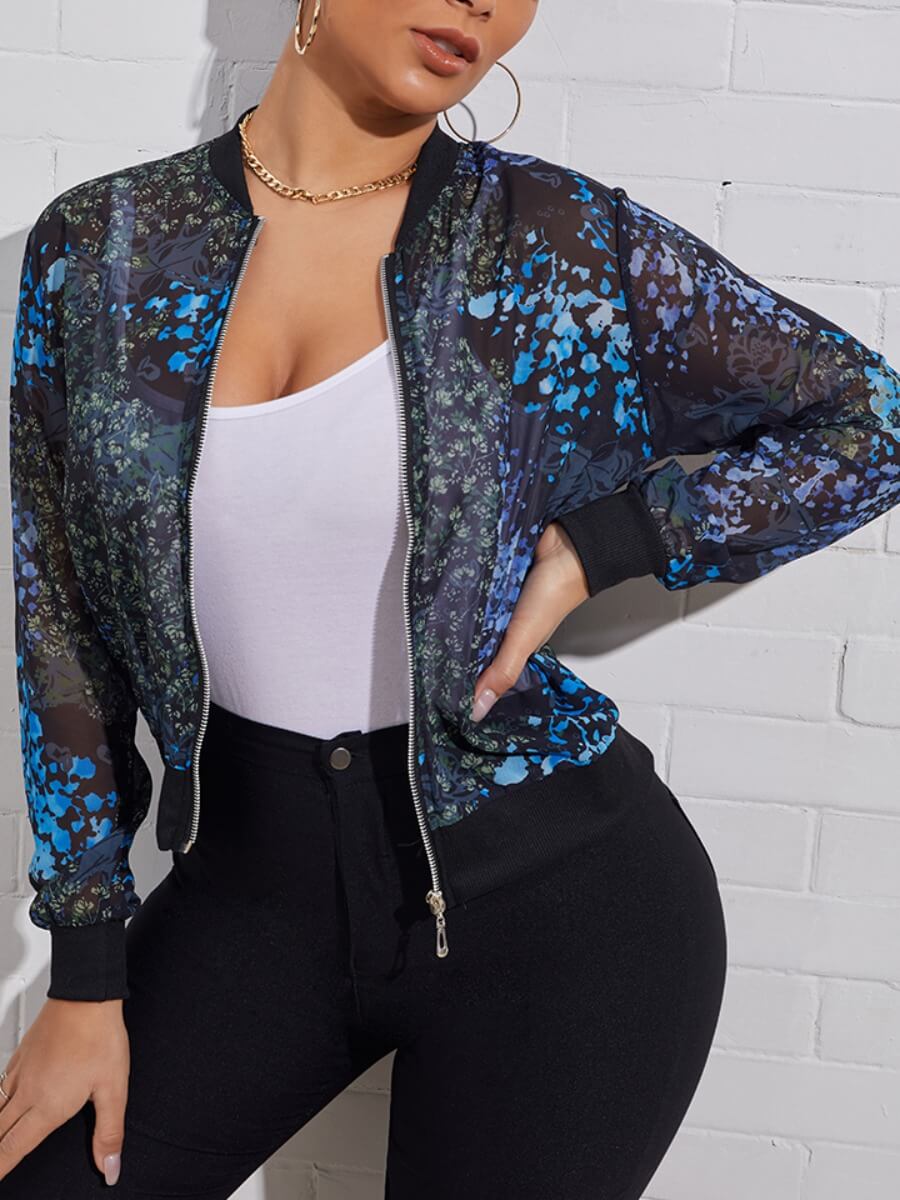 

Lovely Chic See-through Floral Print Blue Jacket