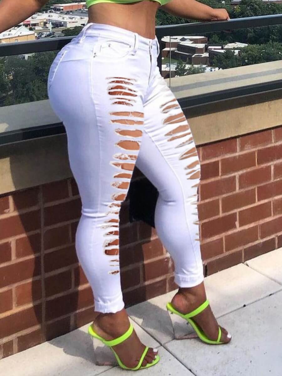 

LW Mid Waist High Stretchy Ripped Solid Skinny Jeans, White