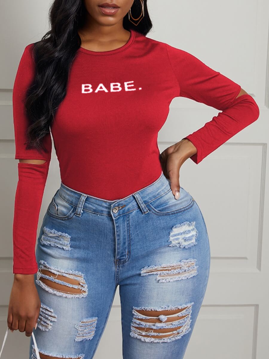 

Lovely Casual O Neck Letter Print Hollow-out Red T-shirt