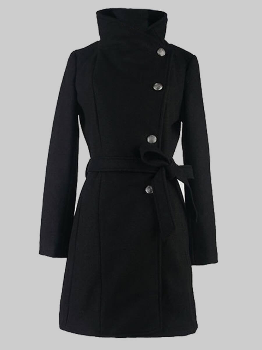 

Lovely Formal Lace-up Button Design Black Woolen Coat