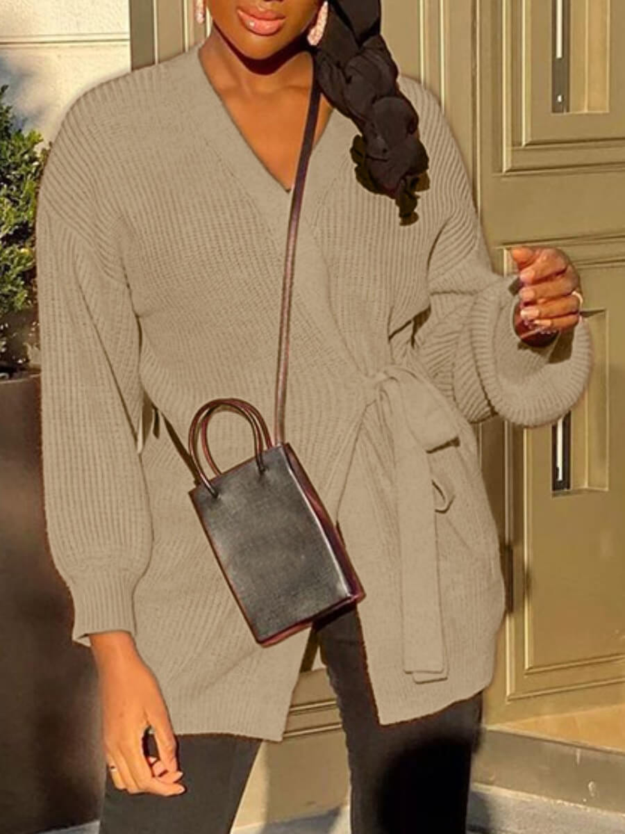 

Lovely Chic Cross-over Design Lace-up Khaki Sweater