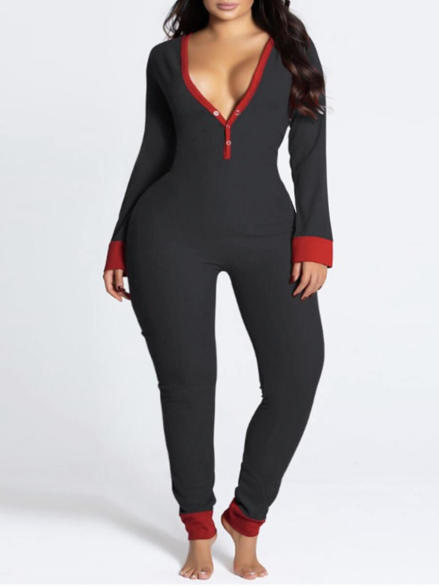 

Lovely Casual Button Design Patchwork Black Sleepwear