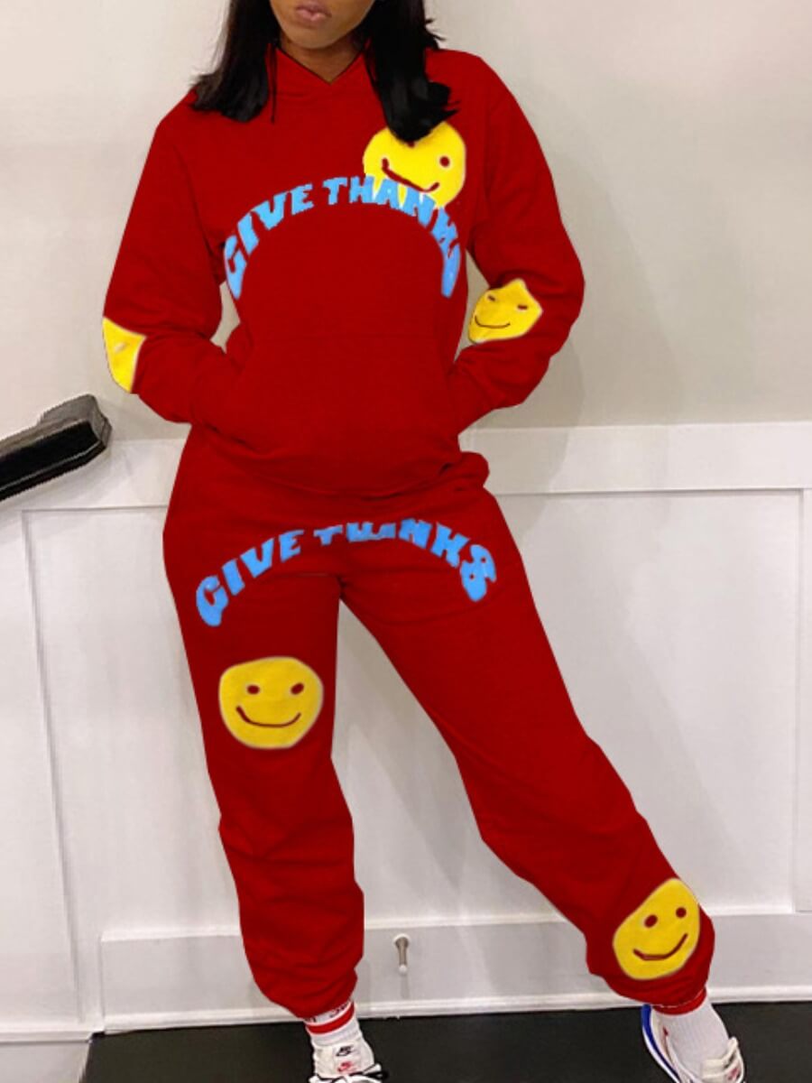 

Lovely Casual Letter Print Color-lump Patchwork Red Two Piece Pants Set