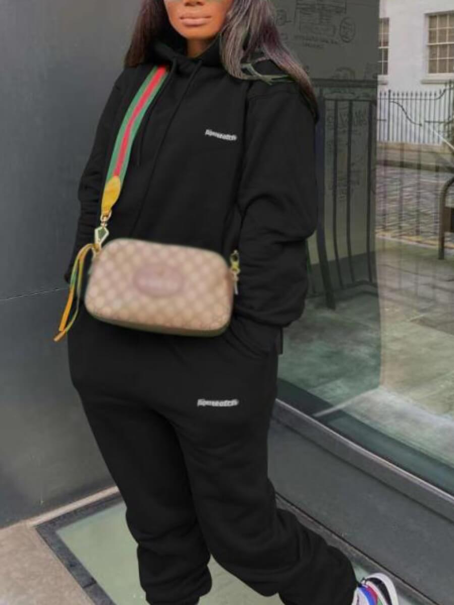 

Lovely Sportswear Hooded Collar Letter Print Black Two Piece Pants Set