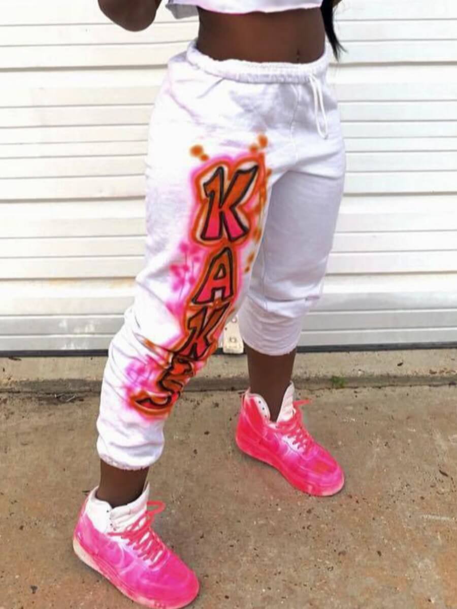 

Lovely Casual Letter Print Drawstring White Pants