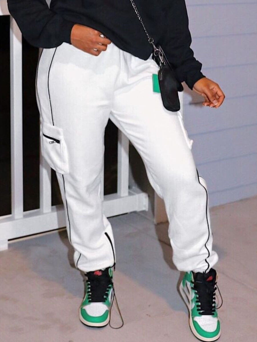 

Lovely Casual Striped Side Pocket White Pants