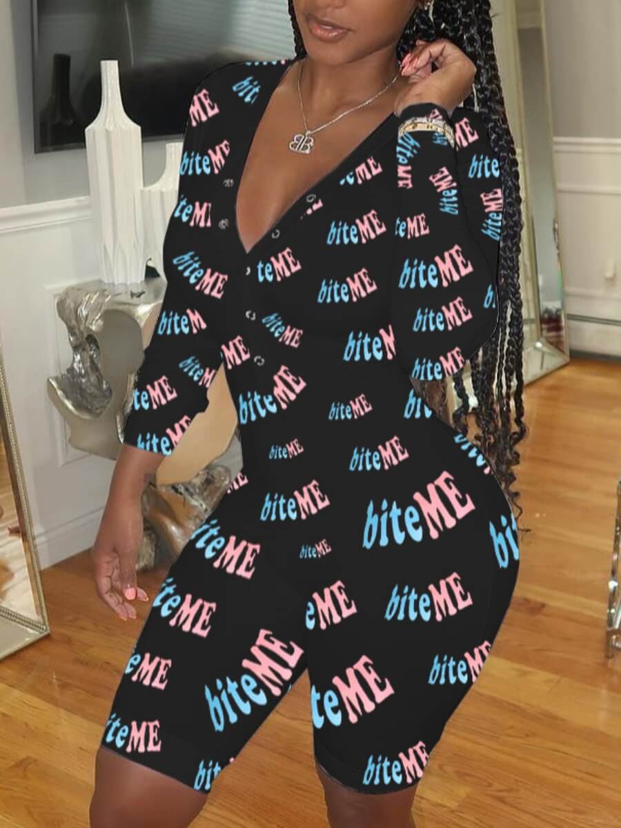 

Lovely Home Style V Neck Letter Print Black Sleepwear