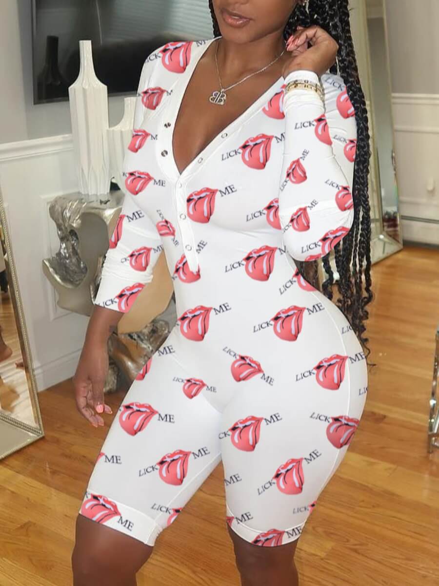 

Lovely Home Style V Neck Lip Print White Sleepwear