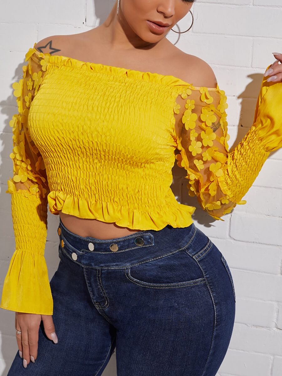 

Lovely Chic Off The Shoulder See-through Ruffle Design Yellow Blouse