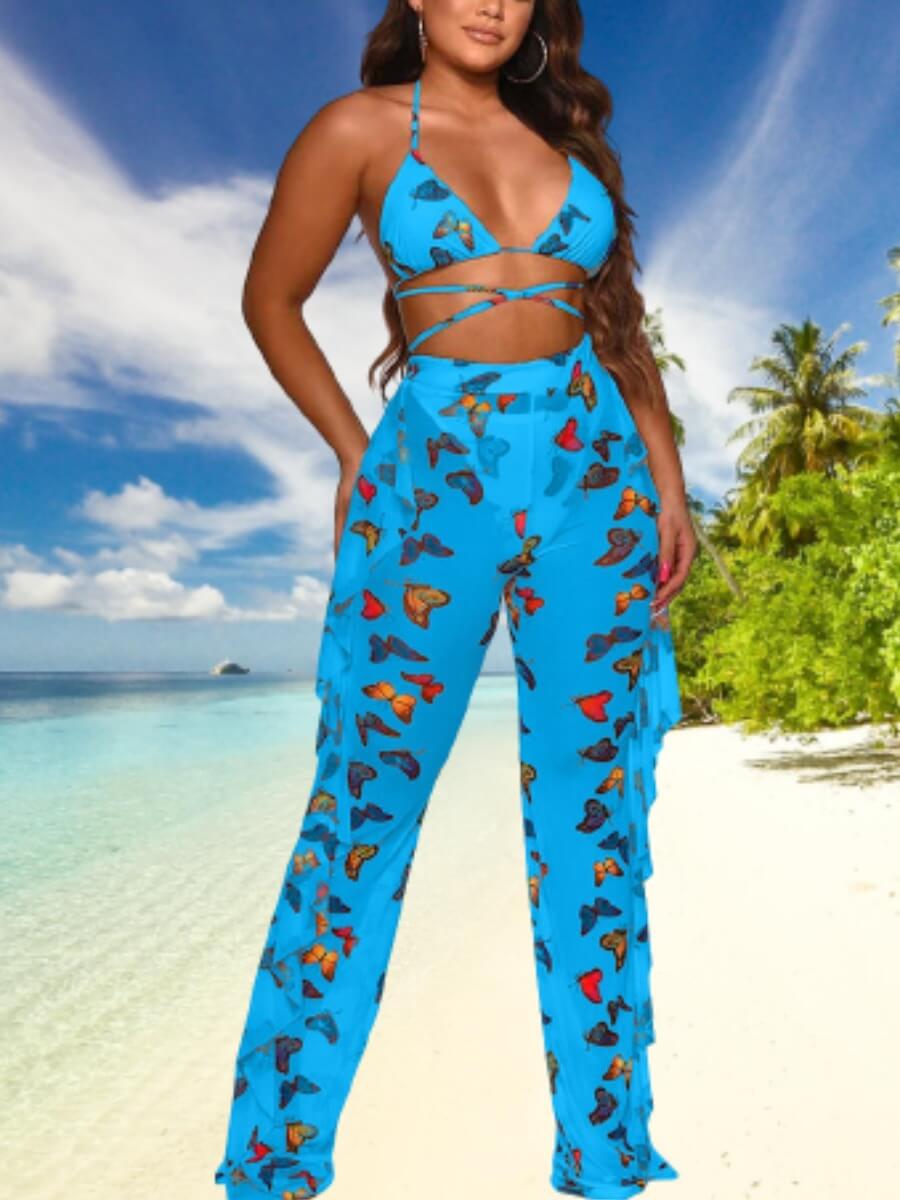 

Lovely Sweet Butterfly Print Flounce Design BlueTwo-piece Swimsuit, Blue