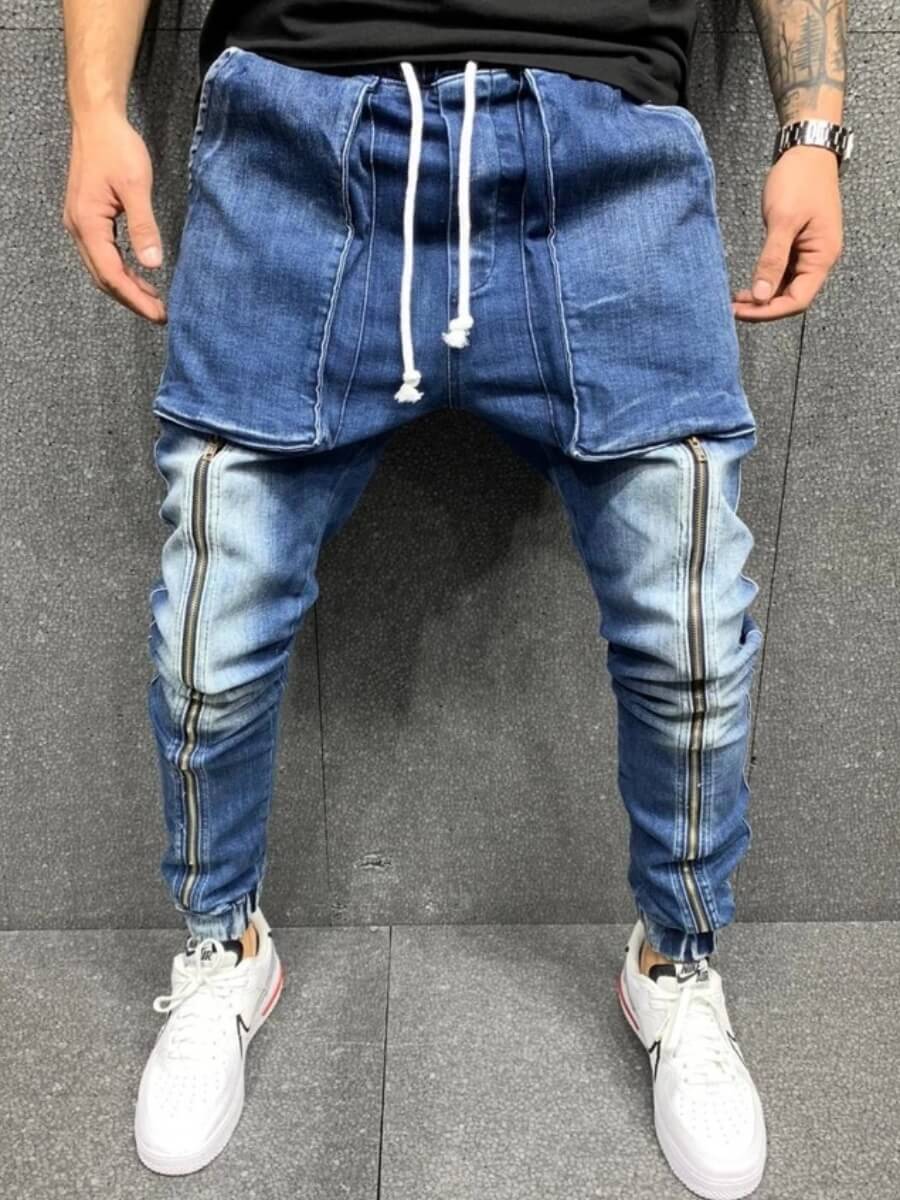 

Lovely Street Drawstring Tie-dye Blue Men Jeans