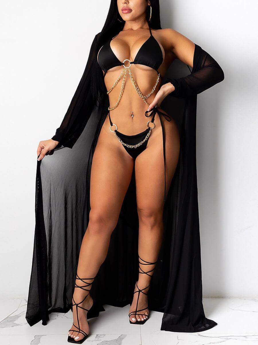

Lovely Casual Lace-up Metal Accessories Decoration Black Two-piece Swimsuit