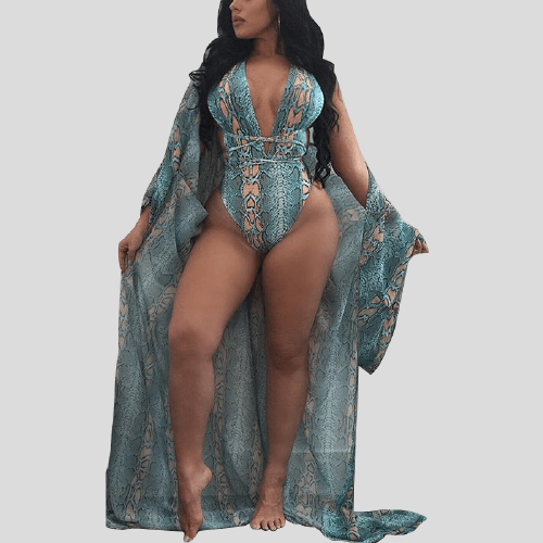 

Lovely Casual Lace-up Print Patchwork Green One-piece Swimsuit(Without Veil