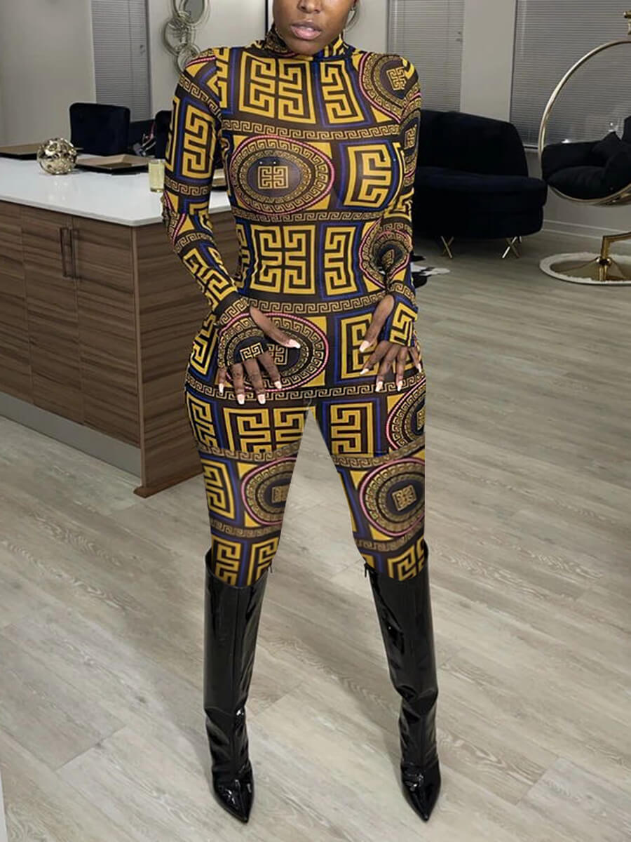 

Lovely Casual Turtleneck Geometric Print Yellow One-piece Jumpsuit